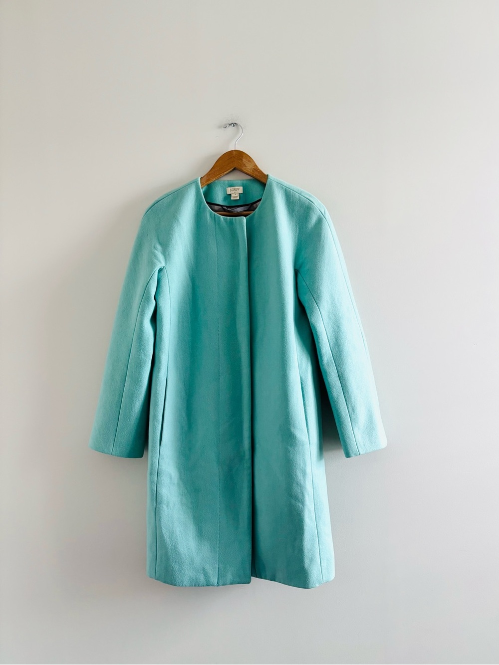 J. Crew Coat Wool Blend Robbins Egg Blue Collarless Women 4 Preppy Retro Mod 60s